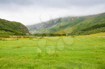 Landscape with mountains and meadow in Norway.