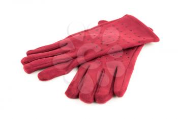 Red leather suede gloves isolated on white background.