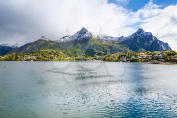 Landscape with mountains and fjord in Svolvaer, Norway.