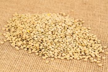 The heap of lentils on the burlap background.