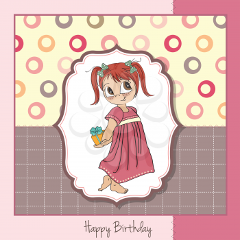 Royalty Free Clipart Image of a Little Girl With a Present on a Birthday Greeting