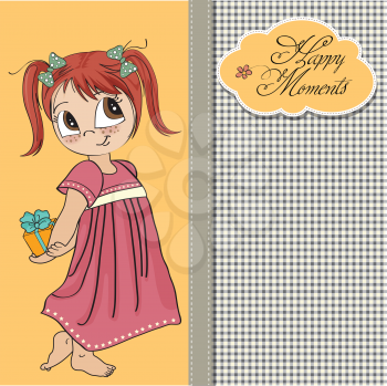 Royalty Free Clipart Image of a Little Girl Holding a Present Behind Her Back on a Card With a Happy Moments Message