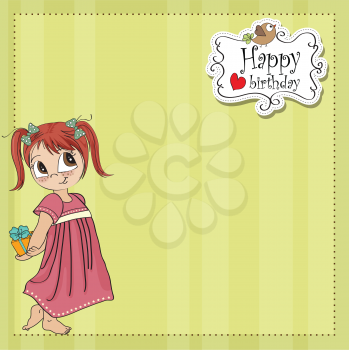 Royalty Free Clipart Image of a Little Girl Holding a Birthday Present