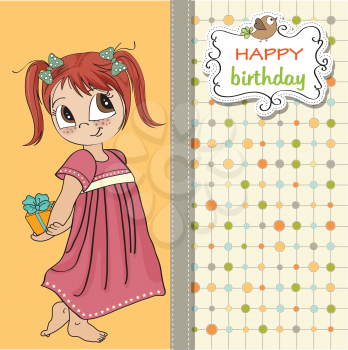 Royalty Free Clipart Image of a Little Girl Holding a Present on a Birthday Message