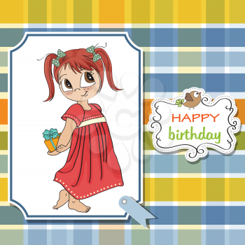 Royalty Free Clipart Image of a Birthday Greeting With a Little Girl Holding a Gift