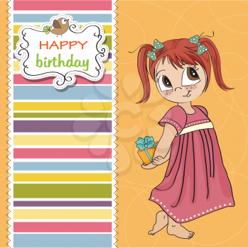 Royalty Free Clipart Image of a Little Girl Holding a Gift on a Birthday Greeting