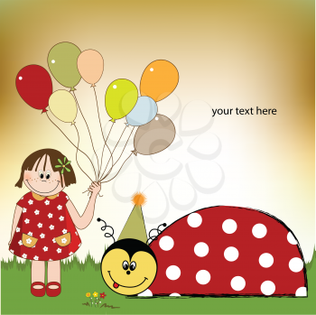 Royalty Free Clipart Image of a Little Girl With Balloons and a Ladybug