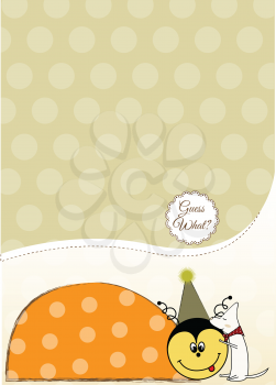 Royalty Free Clipart Image of a Background With a Big Ladybug and Small Dog and the Words Guess What