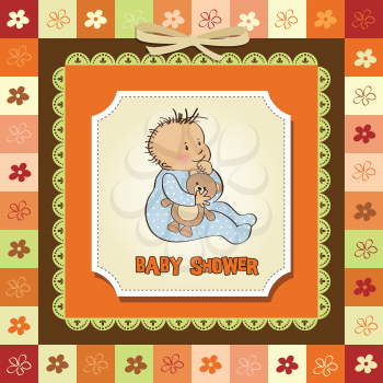 Royalty Free Clipart Image of a Card With a Child Holding a Teddy