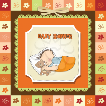 Royalty Free Clipart Image of a Baby Shower Invitation With a Child Hugging a Bear