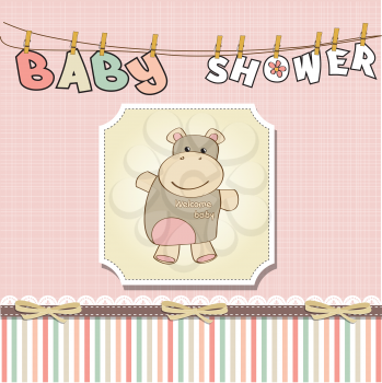 Royalty Free Clipart Image of a Pink Baby Shower Background With a Hippo in the Centre
