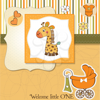 Royalty Free Clipart Image of a Baby Announcement With a Giraffe and Carriage on It