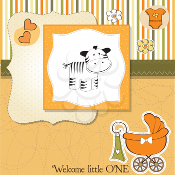Royalty Free Clipart Image of a Baby Announcement With a Zebra and Carriage on It