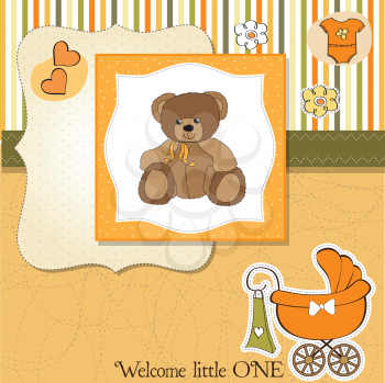 Royalty Free Clipart Image of a Baby Announcement With a Bear and Carriage on It