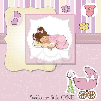 Royalty Free Clipart Image of a Baby Announcement With a Little Girl Sleeping and a Carriage in the Corner