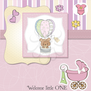 Royalty Free Clipart Image of a Birth Announcement With a Bear in a Balloon and a Carriage on It