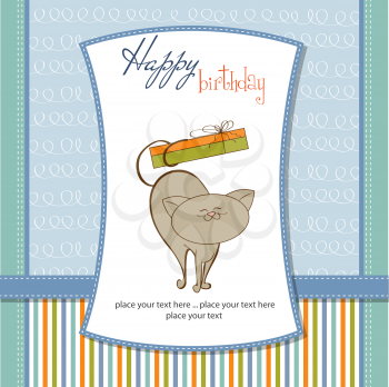 Royalty Free Clipart Image of a Birthday Card With a Cat Holding a Present