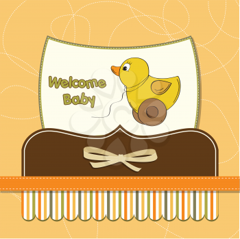 Royalty Free Clipart Image of a Welcome Baby Card With a Toy Duck on It