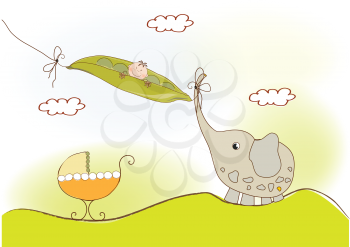 Royalty Free Clipart Image of a Baby in a Pea Pod With an Elephant and Buggy