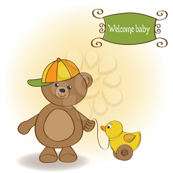 Royalty Free Clipart Image of a Bear and Duck on a Baby Announcement