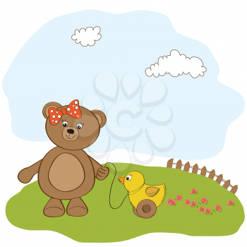 Royalty Free Clipart Image of a Baby Bear and a Duck