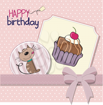 Royalty Free Clipart Image of a Happy Birthday Card With a Cat and Cake