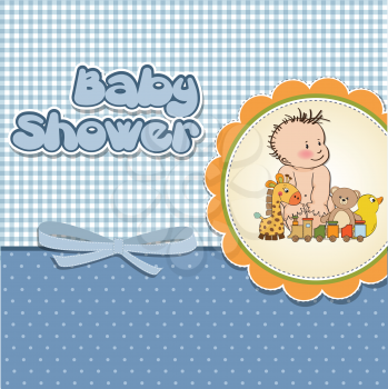Royalty Free Clipart Image of a Baby Boy With Toys on a Shower Invitation