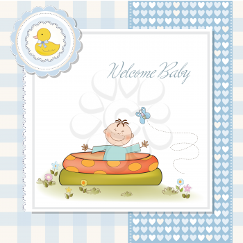 Royalty Free Clipart Image of a Welcome Baby Card With a Baby in a Pool