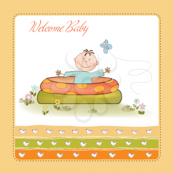 Royalty Free Clipart Image of a Baby in a Pool on a Welcome Card
