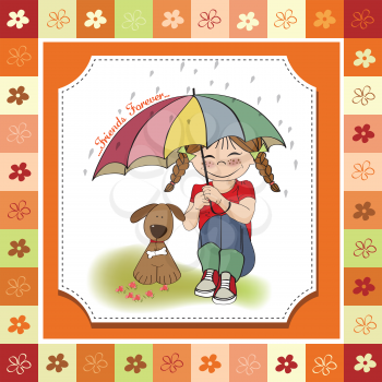 Royalty Free Clipart Image of a Floral Framed Background With a Girl and Dog