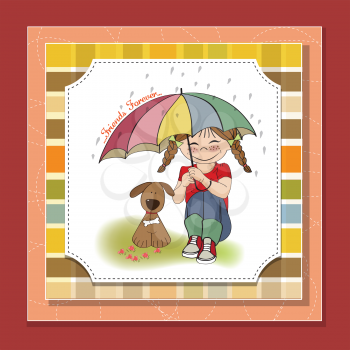Royalty Free Clipart Image of a Little Girl and a Dog Under an Umbrella