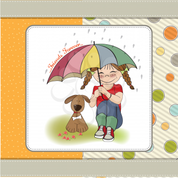Royalty Free Clipart Image of a Little Girl and Her Dog Under an Umbrella