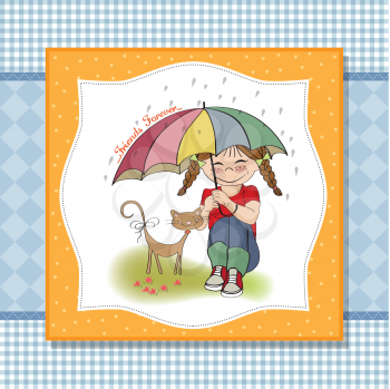 Royalty Free Clipart Image of a Girl and Cat Under an Umbrella