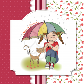 Royalty Free Clipart Image of a Young Girl and a Cat Under an Umbrella