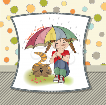 Royalty Free Clipart Image of a Girl and Her Cat Under an Umbrella