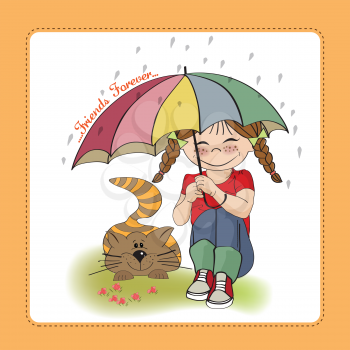 Royalty Free Clipart Image of a Girl and Her Cat Under an Umbrella