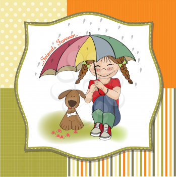 Royalty Free Clipart Image of a Girl and a Pup Under an Umbrella