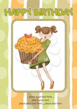 Royalty Free Clipart Image of a Birthday Greeting With a Girl Holding a Cupcake