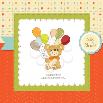 Royalty Free Clipart Image of a Baby Shower Invitation With a Bear Holding Balloons