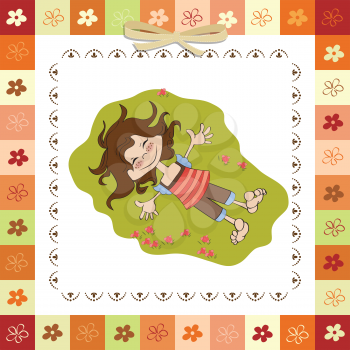 Royalty Free Clipart Image of a Happy Little Girl Lying on Grass