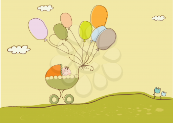 Royalty Free Clipart Image of a Baby Buggy With Balloons