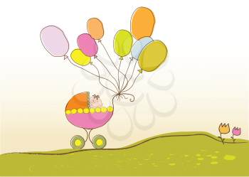 Royalty Free Clipart Image of a Baby in a Buggy With Balloons