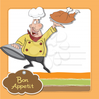 Royalty Free Clipart Image of a Chef With a Turkey and Bon Appetit in a Text Space