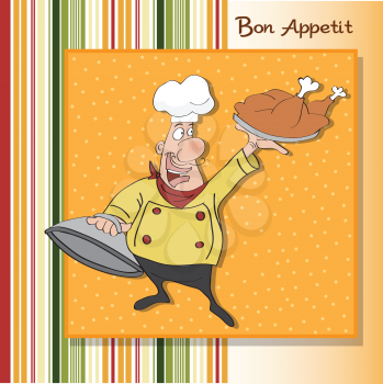 Royalty Free Clipart Image of a Cartoon Chef Holding a Roast Turkey
