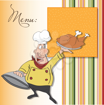 Royalty Free Clipart Image of a Cartoon Chef Holding a Roasted Turkey