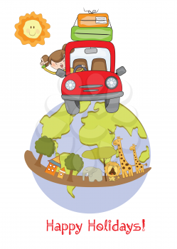 Royalty Free Clipart Image of a Woman Travelling in a Car Around the Globe