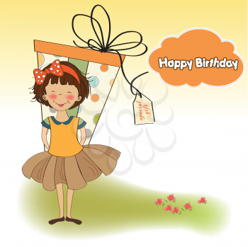 Royalty Free Clipart Image of a Little Girl Hiding a Gift on a Birthday Card