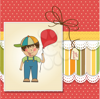 Royalty Free Clipart Image of a Card With a Little Boy Holding a Balloon