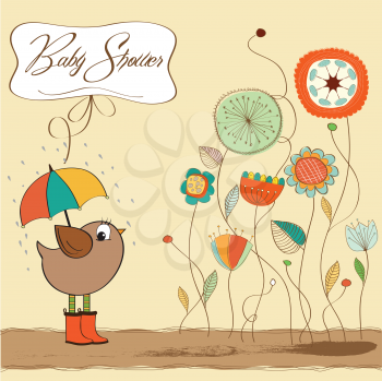 Royalty Free Clipart Image of a Bird on a Baby Shower Background