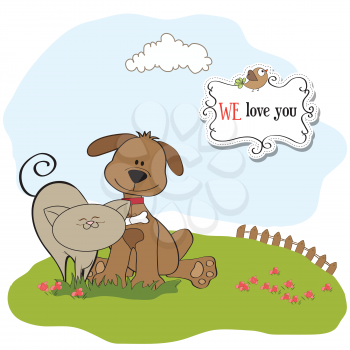 Royalty Free Clipart Image of a Dog and a Cat With the Message I Love You